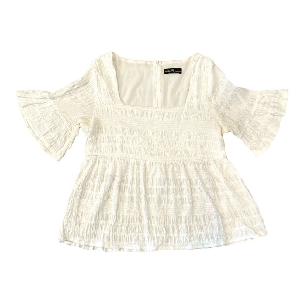 OnTwelfth Baby Doll Top with Peplum, Ruffles & Flared Short Sleeves Women's Sz L